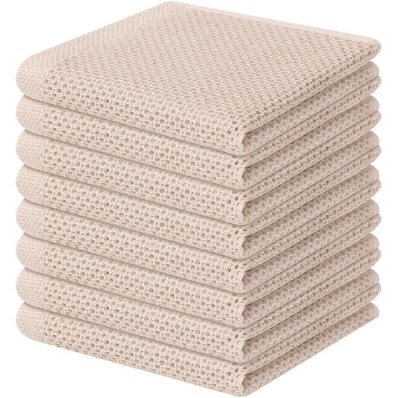 COREBAY 8-Pack 12x12 Inch 100% Cotton Waffle Weave Dish Cloths, Beige, Super Absorbent Reusable Kitchen Towels for Cleaning, Washing, Drying.