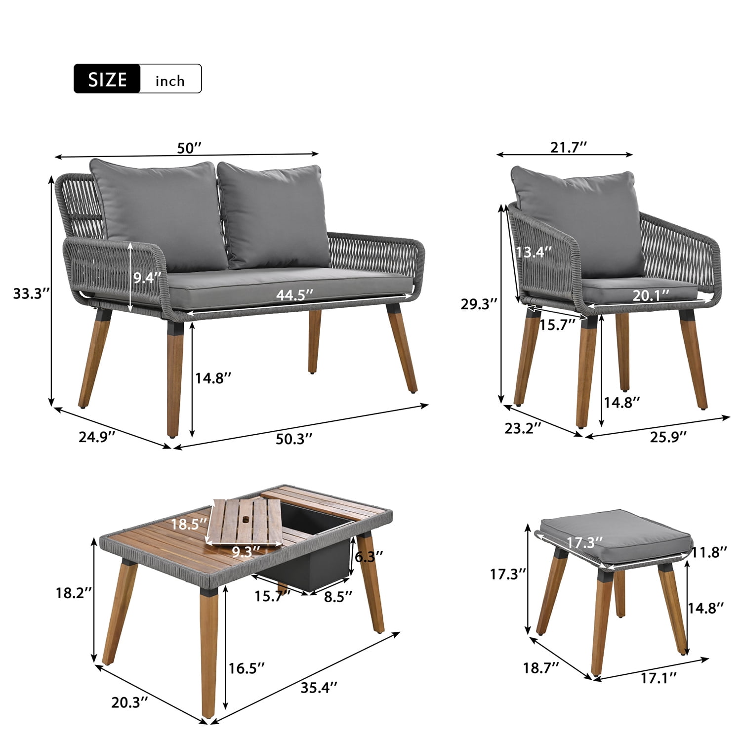 Aimee Lii Outdoor Patio Acacia Wood & Rope 6-Piece Furniture Set with Ice Bucket, Patio Conversation Set with Ottomans, Gray