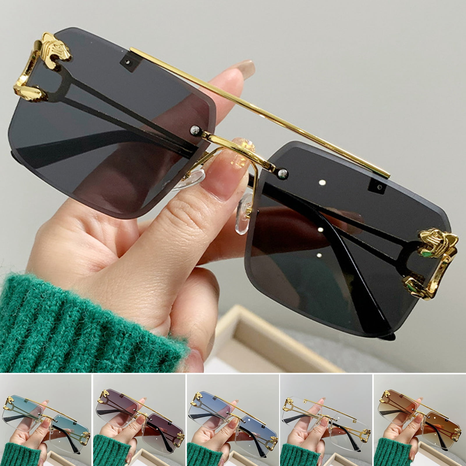 ievspot 6 Pairs Unisex Sunglasses Rectangle Shape Frame Tiger Head Decor Block Sunlight Vacation Beach Spectacles Outdoor Eyewear