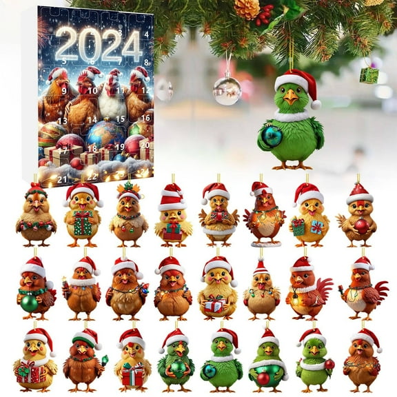 YILANP 2D Christmas Home Chicken Ornaments With Santa Hats 2025 Christmas Holiday Advent Calendar Christmas Tree 2D Ornaments Christmas Christmas Tree Set Ornaments (24pcs）