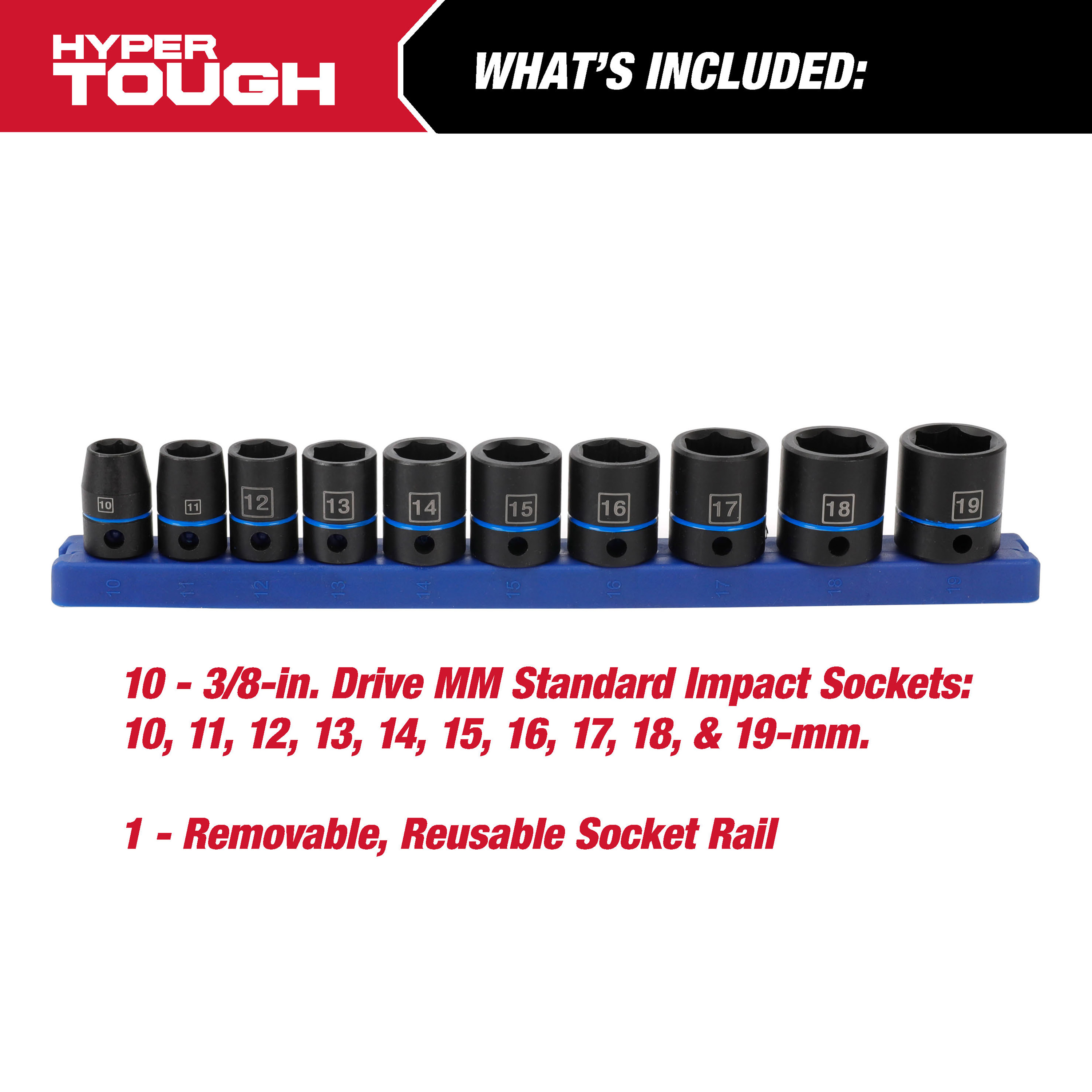 Juego de 11 piezas de dados de impacto métricos de 3/8 pulgada Hyper Tough (mm) 2