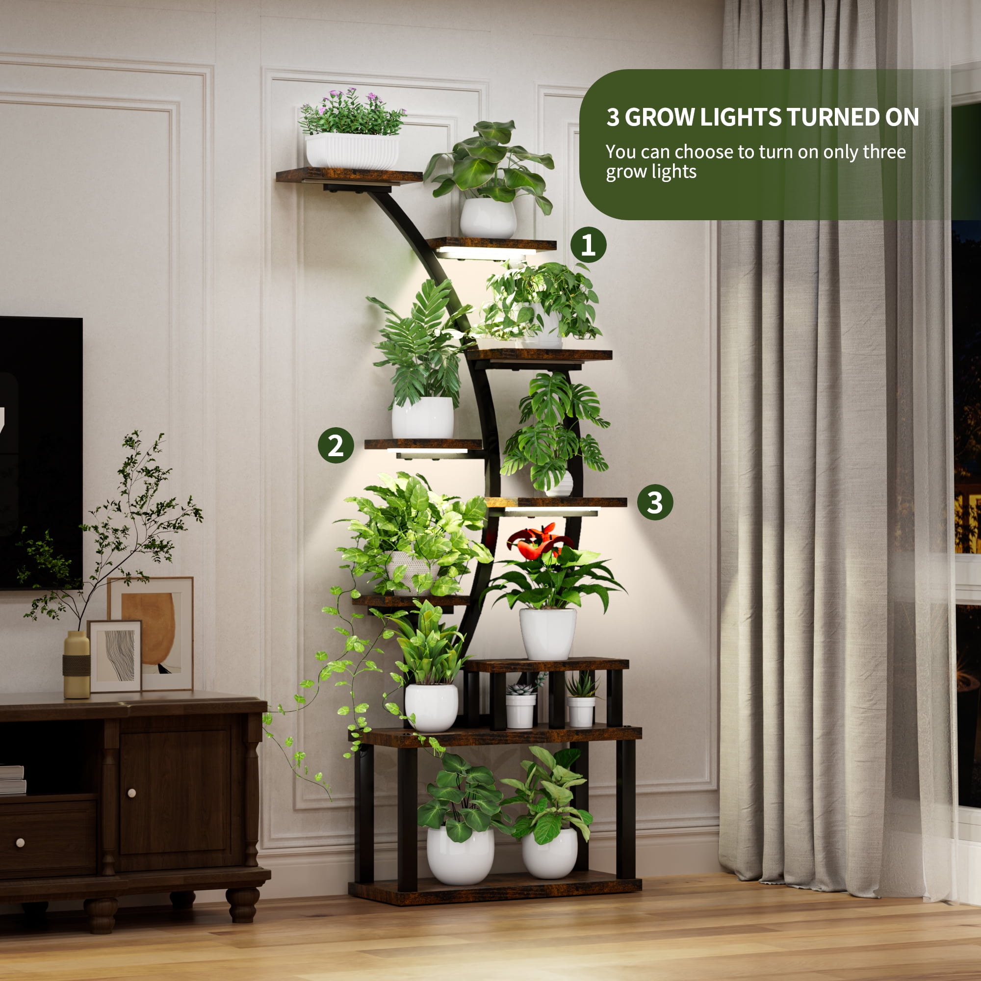 9-Tier Indoor Metal Plant Stand with 5 Full Spectrum Grow Lights, 3 Lighting Modes, 10 Brightness Levels & 3 Timer Settings, Stable Half-Moon Plant Display Shelf for Home Garden Decor