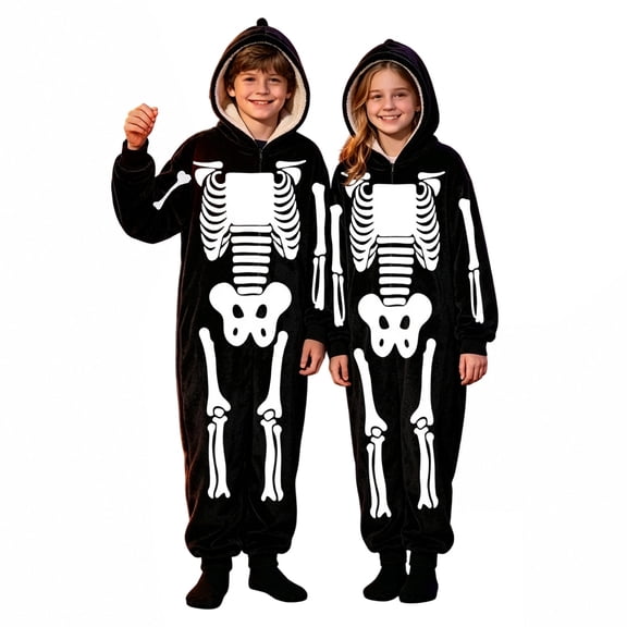 Krdevn Skeleton Hooded Zip Up Onesie Halloween Costume Plush Full Body Jumpsuit Trick Or Treat Cosplay Outfit Casual Sleep Loungewear Pajamas Black,13-14 Years
