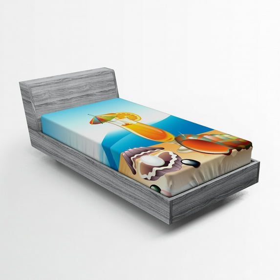 Ambesonne Cartoon Fitted Sheet, Seascape Summer Beach, Twin XL Size, Blue Orange Purple