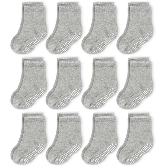 CozyWay Baby Socks & Toddler Socks with Grippers - 0-6 Months Gray Crew Grip 12 Pack - Non Slip Grips for Infant Safety - Breathable Cotton with Arch Support - for Baby Boys & Girls