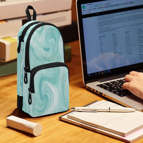 Backpack Pencil Case, 3 Compartment Large Capacity Oxford Fabric Pencil Pouch / Mint Swirl Watercolor Print