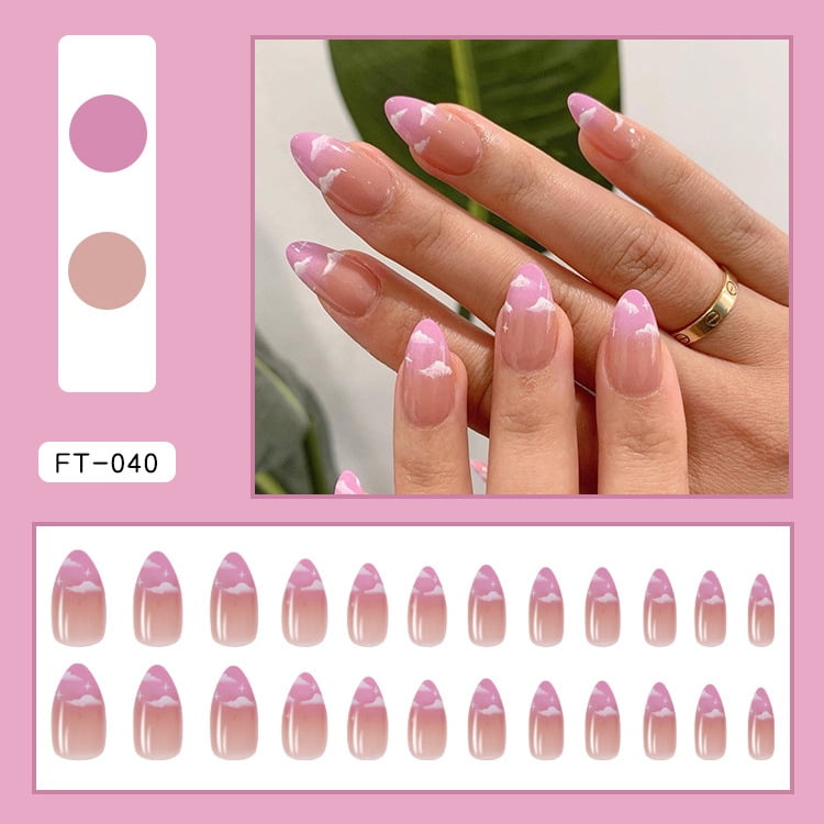 Fake Nails Medium Length Press Abstract Cute Coffin False Nails with Glue,  Stick on Nails Art Manicure Decoration, Glossy Nude Acrylic Nails for Women  and Girls 24Pcs(FT-040) 
