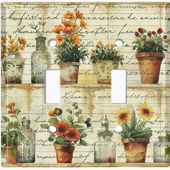Metal Light Switch Wall Plate Outlet Cover (Rustic Flower Pots Painting - Double Toggle)