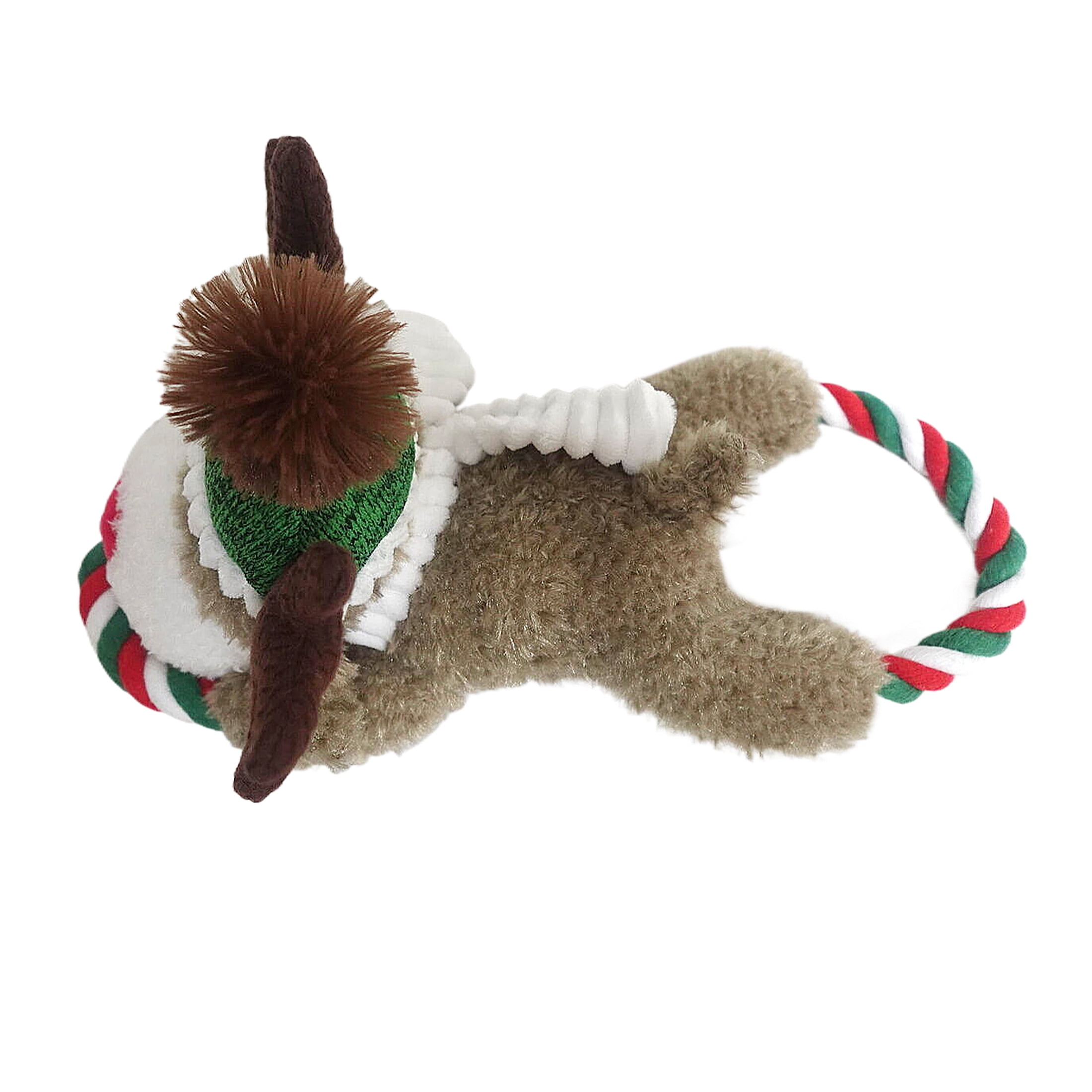 Vibrant Life Holiday Plush Dog Toy with Rope, Reindeer, Brown, Red, and Green, 11"