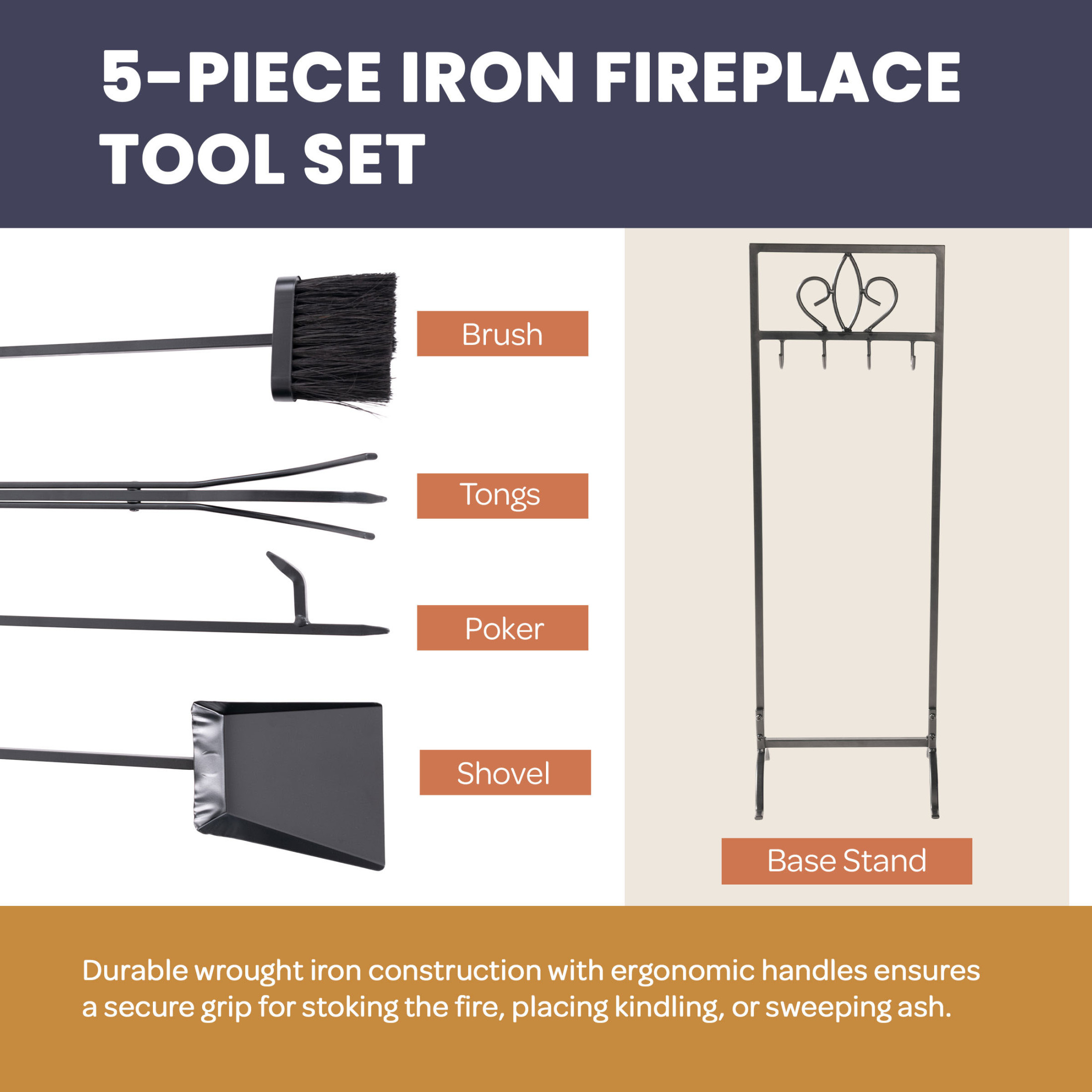 Lavish Home 5PC 29" Fireplace Tools Set - Wrought-Iron Fire Tools for Indoor/Outdoor Fire Pit Use, Fireplace Accessories Set with Poker, Tongs, Brush, Shovel, and Stand (Black)