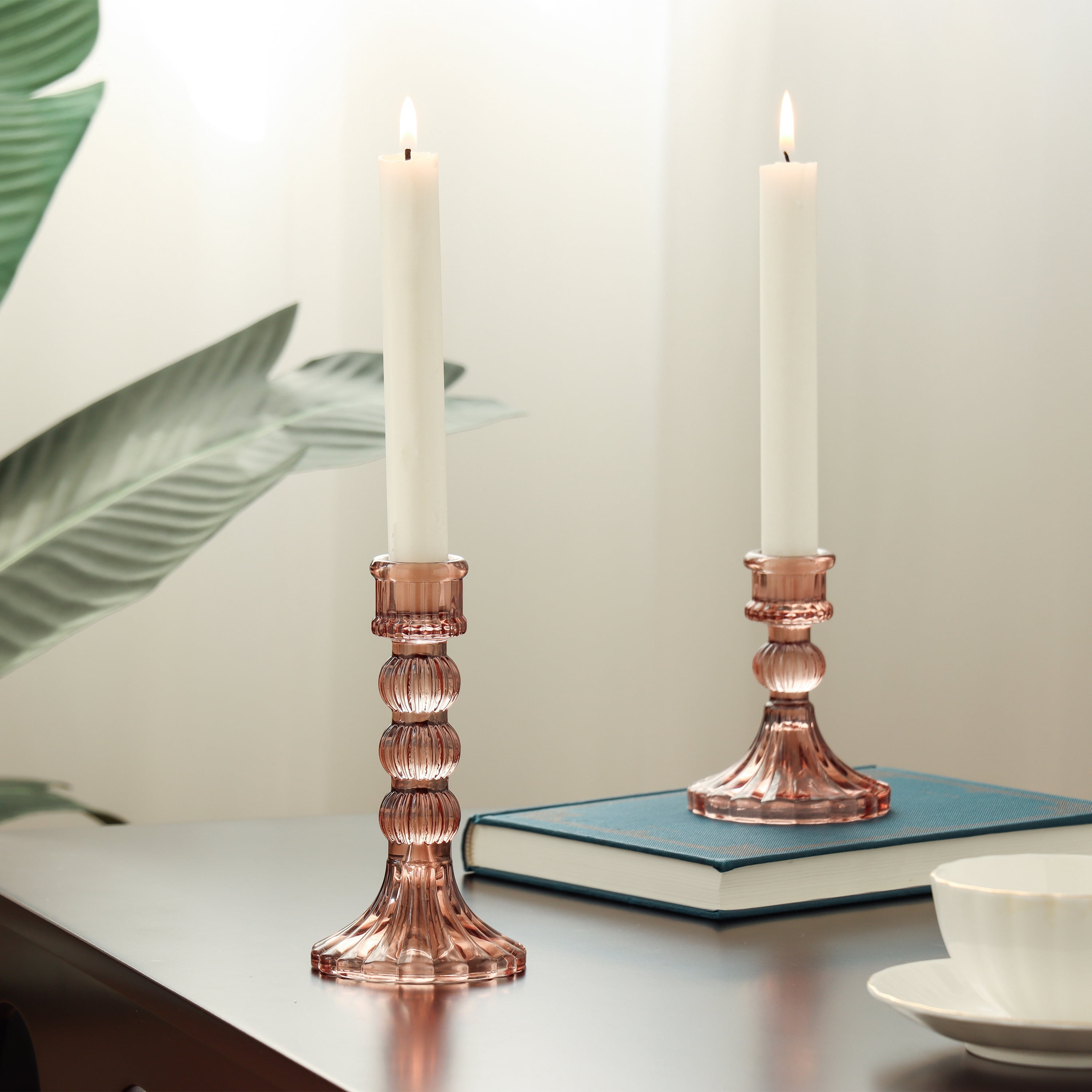Home Decor Collection Sterling & Noble Home Translucent Pink Glass Tabletop Taper Candle Holder, Large