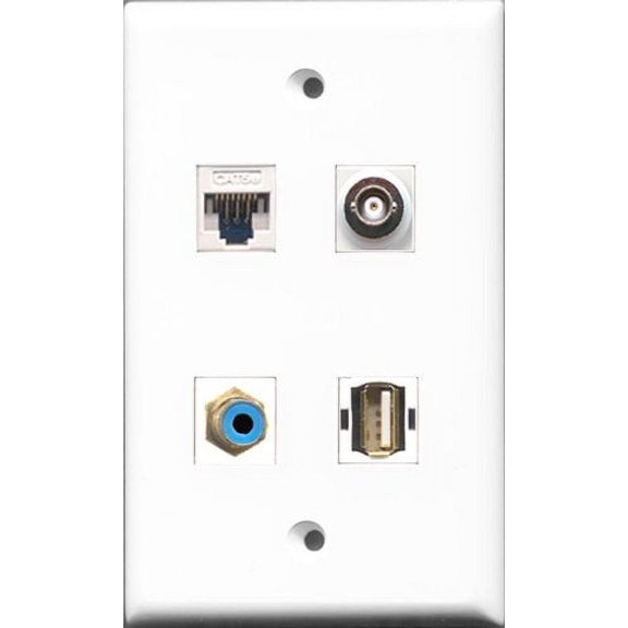 RiteAV - 1 Port RCA Blue and 1 Port USB A-A and 1 Port BNC and 1 Port Cat5e Ethernet White Wall Plate