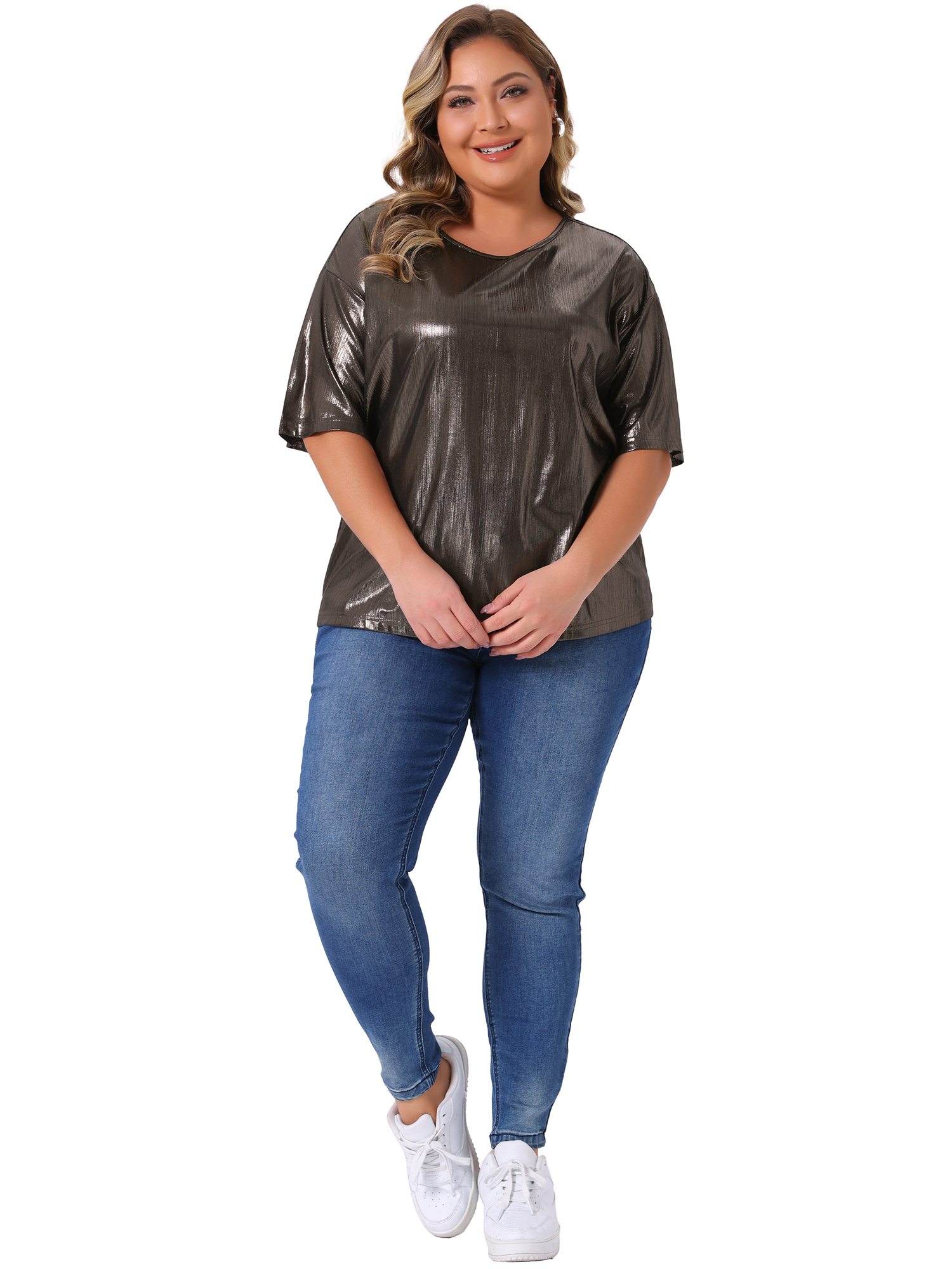 DARING DIVA Women's Plus Size Metallic Round Neck Short Sleeve Blouses 2X Dark Brown