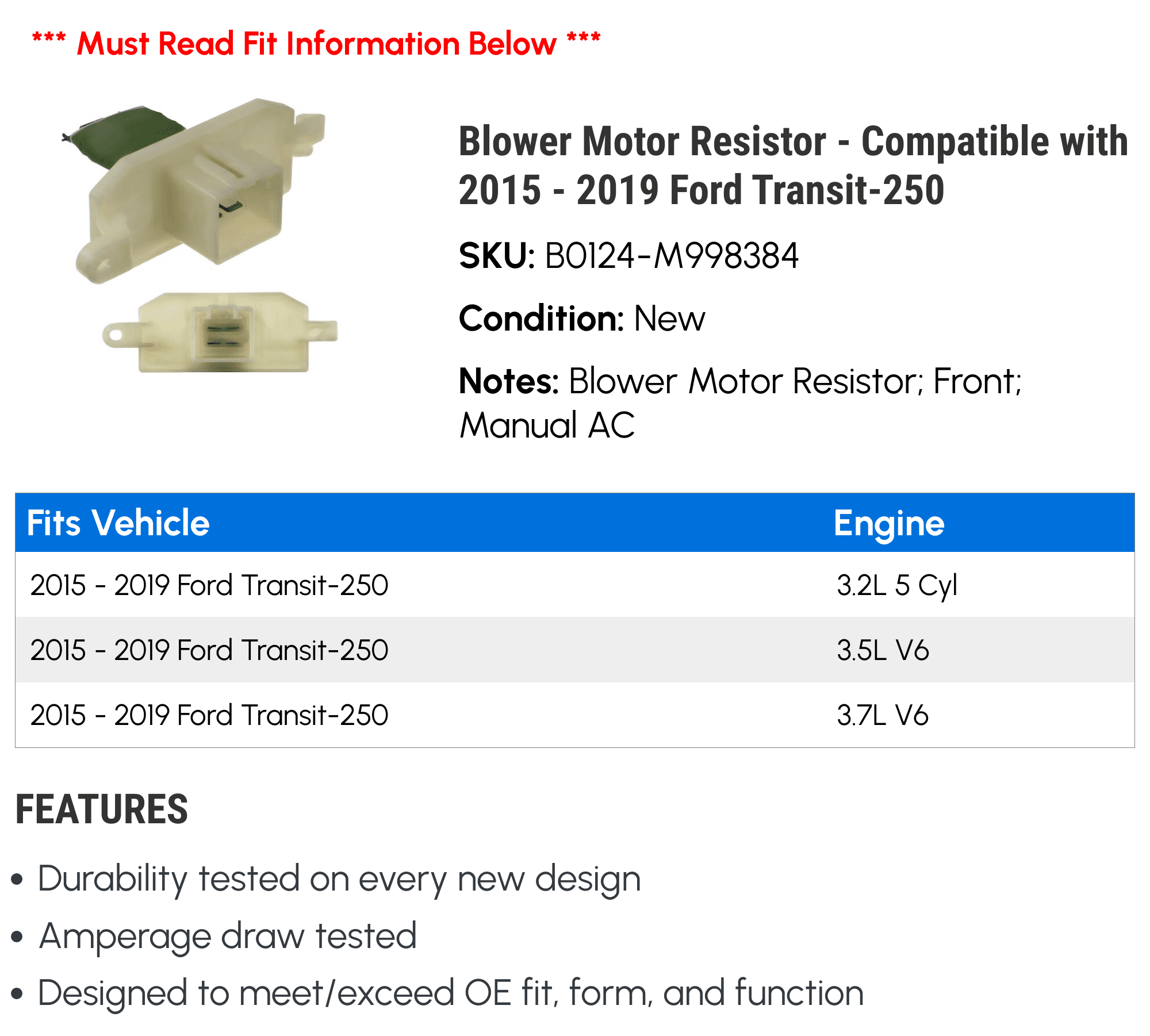 Blower Motor Resistor - Compatible with 2015 - 2019 Ford Transit-250 2016 2017 2018