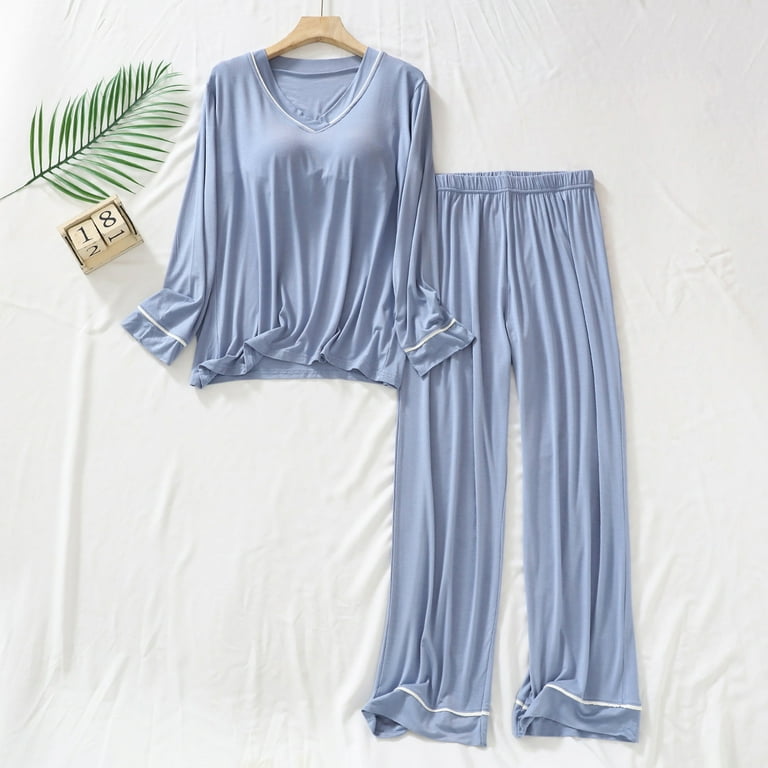 Miluxas 2 Pack Women s Pajama Set Clearance Long Sleeve Top with Jogger Pants Lounge Sets Sleepwear Loungewear Blue XXL XXL Walmart