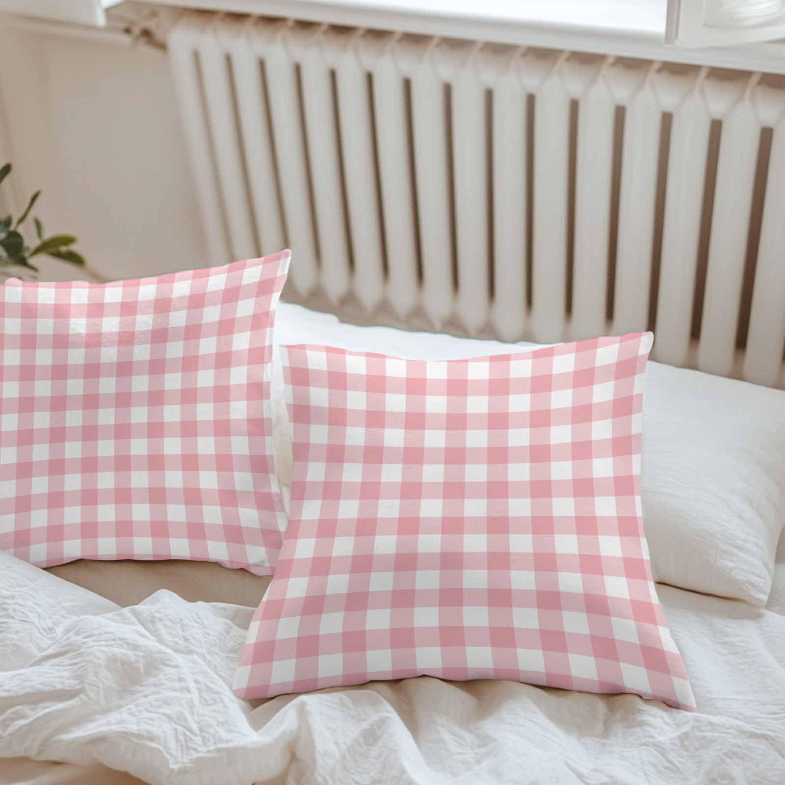 Outdoor Throw Pillows Covers 18X18 Set of 2 Waterproof Pink Gingham Buffalo Check Decorative Zippered Cushion Covers for Patio Furniture, Pink White Lumbar Pillowcases