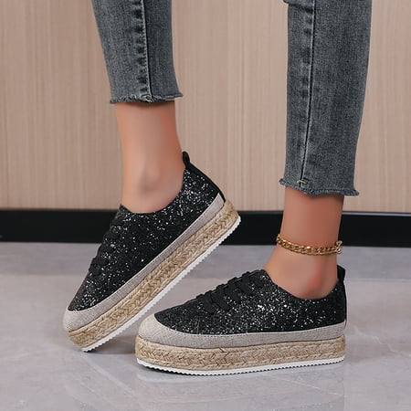 

Casual Shoes Ladies Fashion Solid Color Sequin Breathable Lace Up Platform Casual Shoes