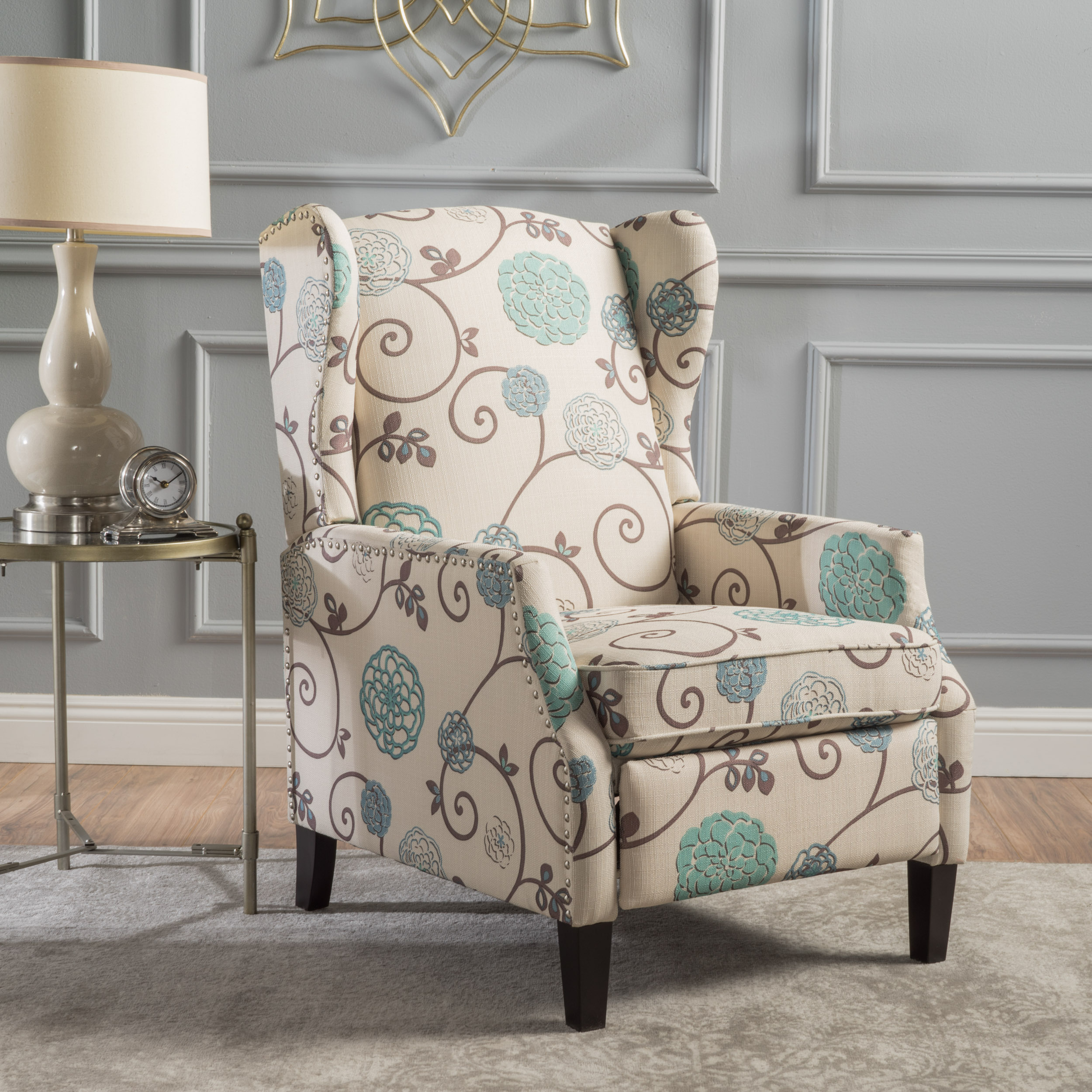 Euroco Traditional Wingback Recliner Chair with Studded Trim,100% Polyester Upholstery