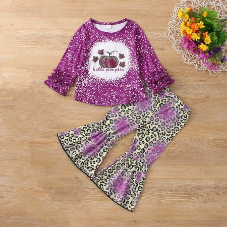 

BTJX Toddler Kids Girls Outfit Pumpkin Letters Prints Long Sleeves Tops Leopard Bell Bottom Pants 2pcs Set Outfits