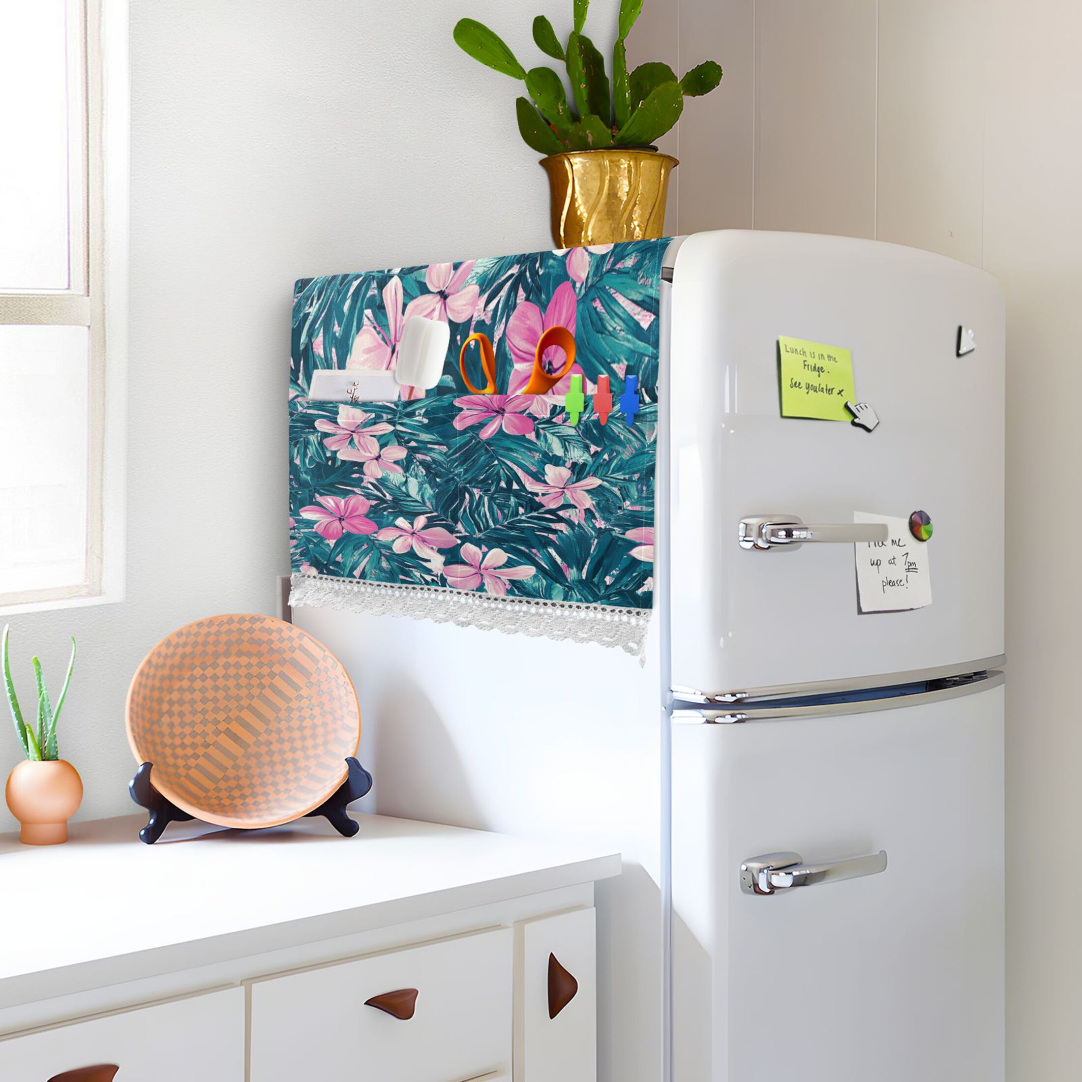 Pink FlowerWasher and Dryer Covers Dust-Proof and Oil Resistant Fridge Cover with 4 Storage Pockets Washing Machine Top Cover for Laundry Kitchen Home 51.2 x 22 In
