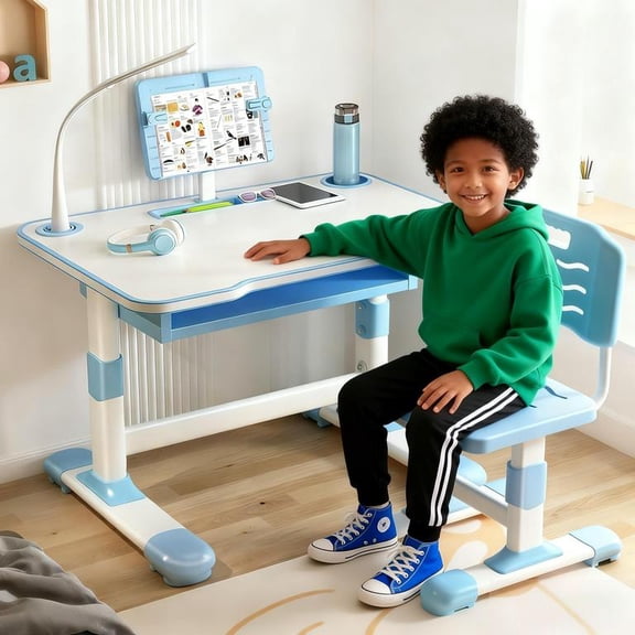 YNCE Kids Desk and Chair Set, Height Adjustable Kids Desk with Storage Drawer, Reading Stand and Holes for Lamp and Cup, Ergonomic Table for Kids