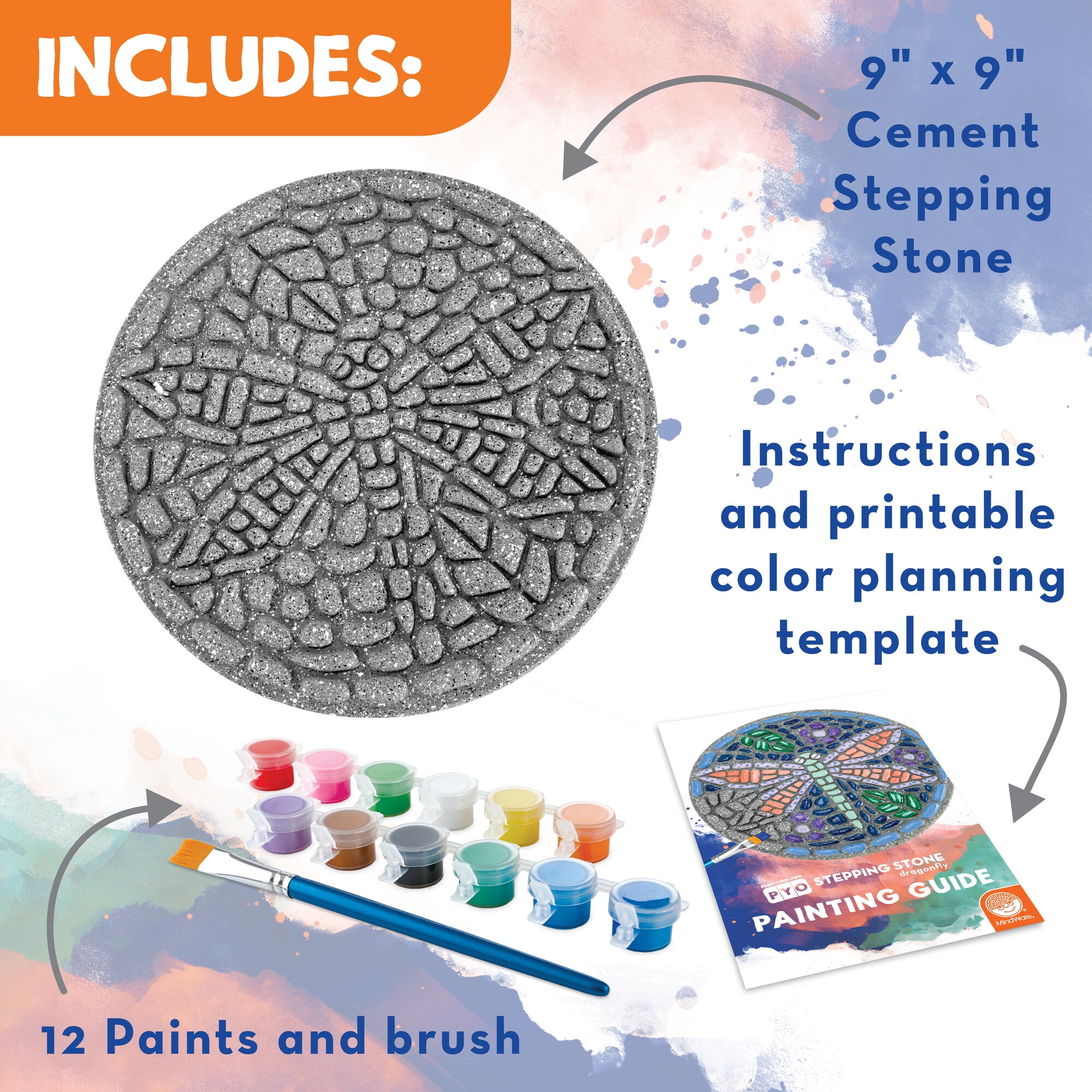 MindWare Paint Your Own Stepping Stone: Dragonfly, Paint Your Own Stepping Stones for Kids Craft Kit Includes Paint, Brushes and Instructions