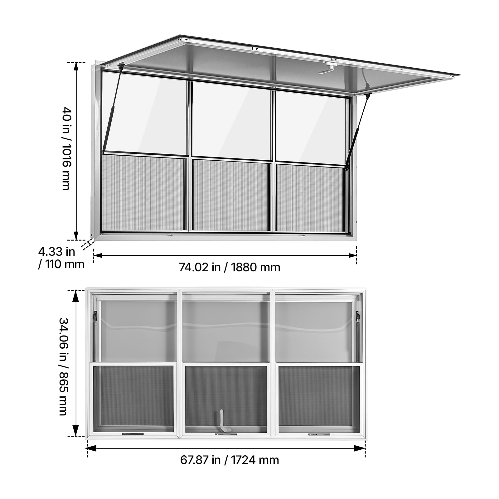 KFFKFF Concession Window 74x40 in Aluminum Alloy Service Window, Designed for Food Trucks, Features 3 Fixed and 3 Sliding Panels, Awning Door with Drag Hook, and Water-Resistant Construction