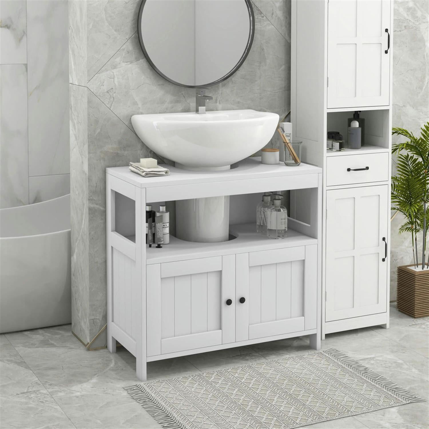 Demi Bonn 23" Modern Bathroom Vanity with U-Shape Cut-Out and Open Shelf, Pedestal Sink 2-Door Cabinet, Under Sink Cabinet, White