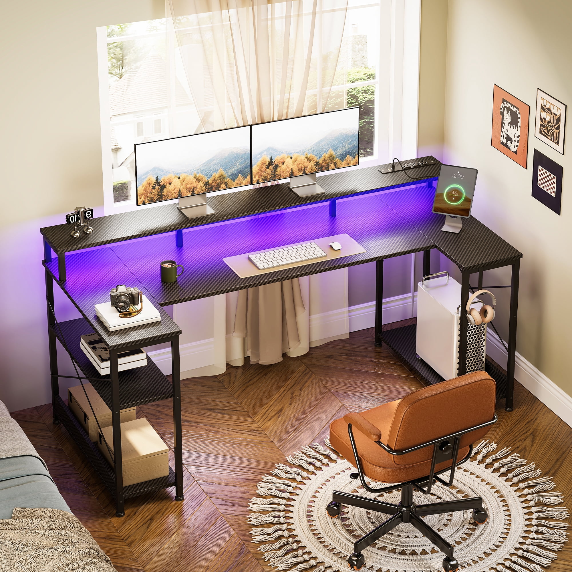 55 inch U Shaped Gaming Desk with Power Outlets & LED Light Strip, Home Office Desk with Storage Shelf, Suitable for Large Space, Gaming, Studying, Carbon Fiber Black