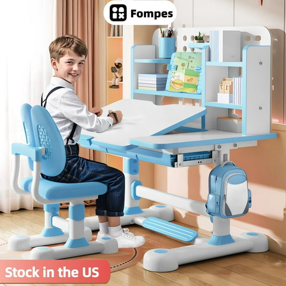 Fompes Kids Study Desk and Chair Set Height Adjustable Children's Desk and Chair Set with 50-Degree Tiltable Desktop LED Light Storage Drawer Book Stand Study Table with Chair for Bedroom Study Room