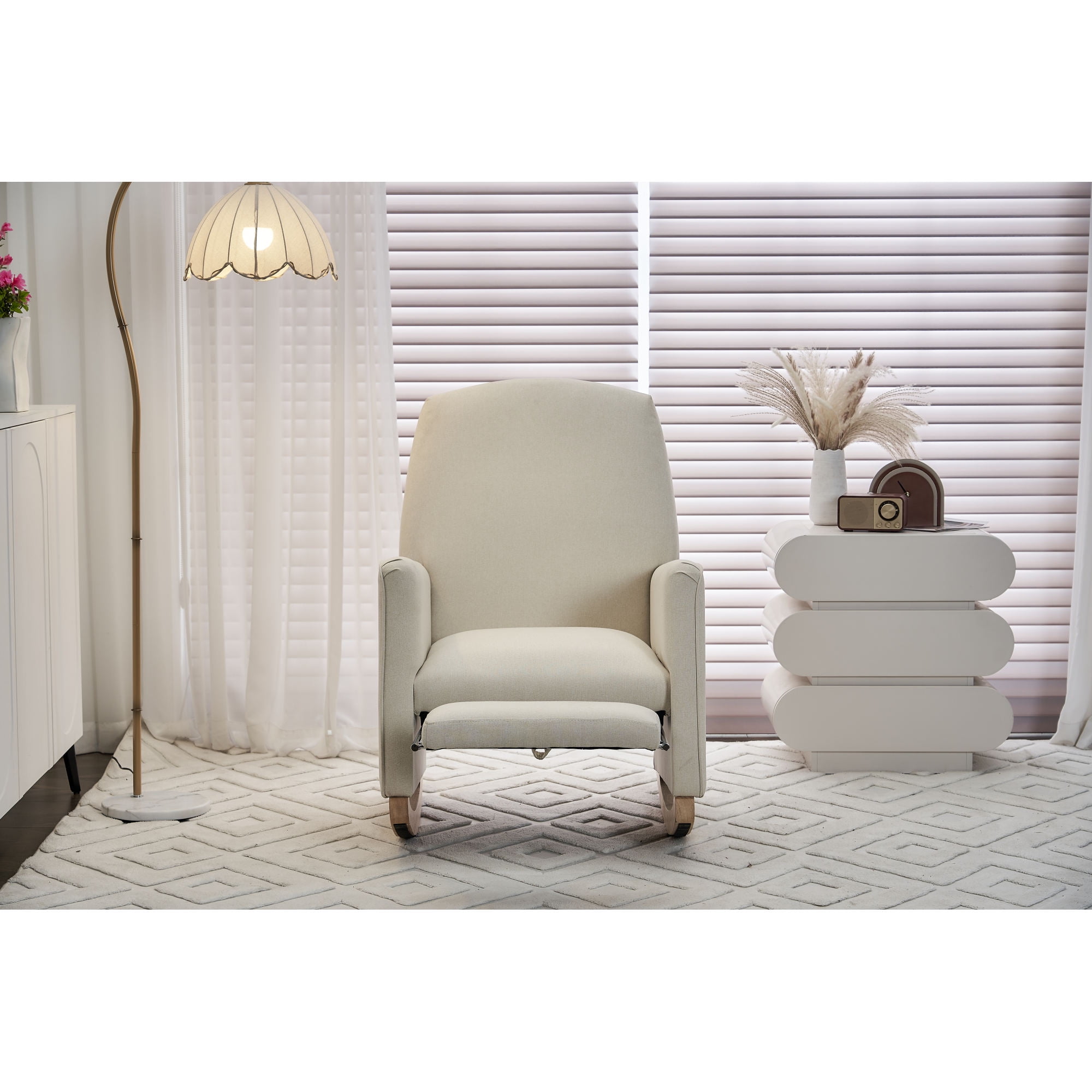 Jopath Nursery Rocking Chair,Cotton Linen Upholstered Rocking Chair with Adjustable Footrest,Glider Rocker Chair with High Backrest for Living Room,Bedroom,Beige