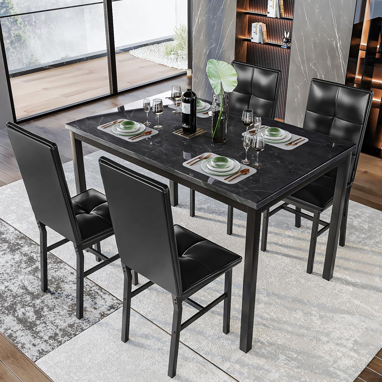 LinkRomat Dining Table Set for 4, Modern Faux Marble Tabletop and 4 PU Leather Upholstered Chairs, Kitchen Table and Chairs for Dining Room Breakfast Nook, Black