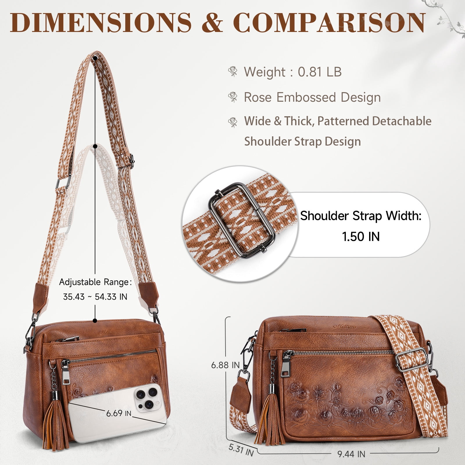 APHISON Crossbody Purse for Women, Rose Embossed Crossbody Phone Handbags with Adjustable Guitar Strap Hollow Everyday Crossbody Holiday Present Outfit Upgrade