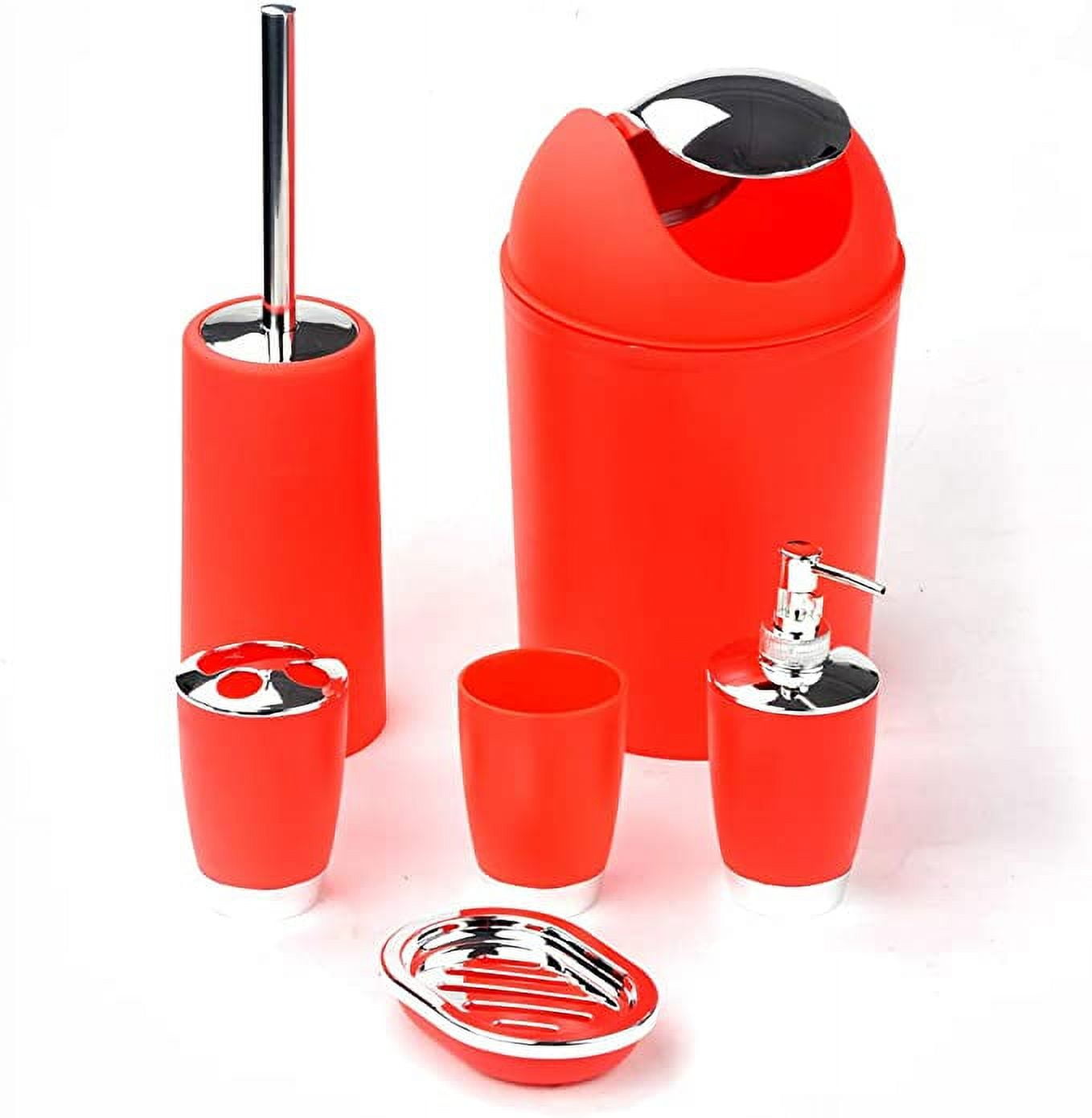 Nvzi Bathroom Sets Accessories 6PCS Includes Toothbrush Holder,Waste Bin,Soap Dish,Toilet Brush,Rinse Cup Sprayer Bottle(red)