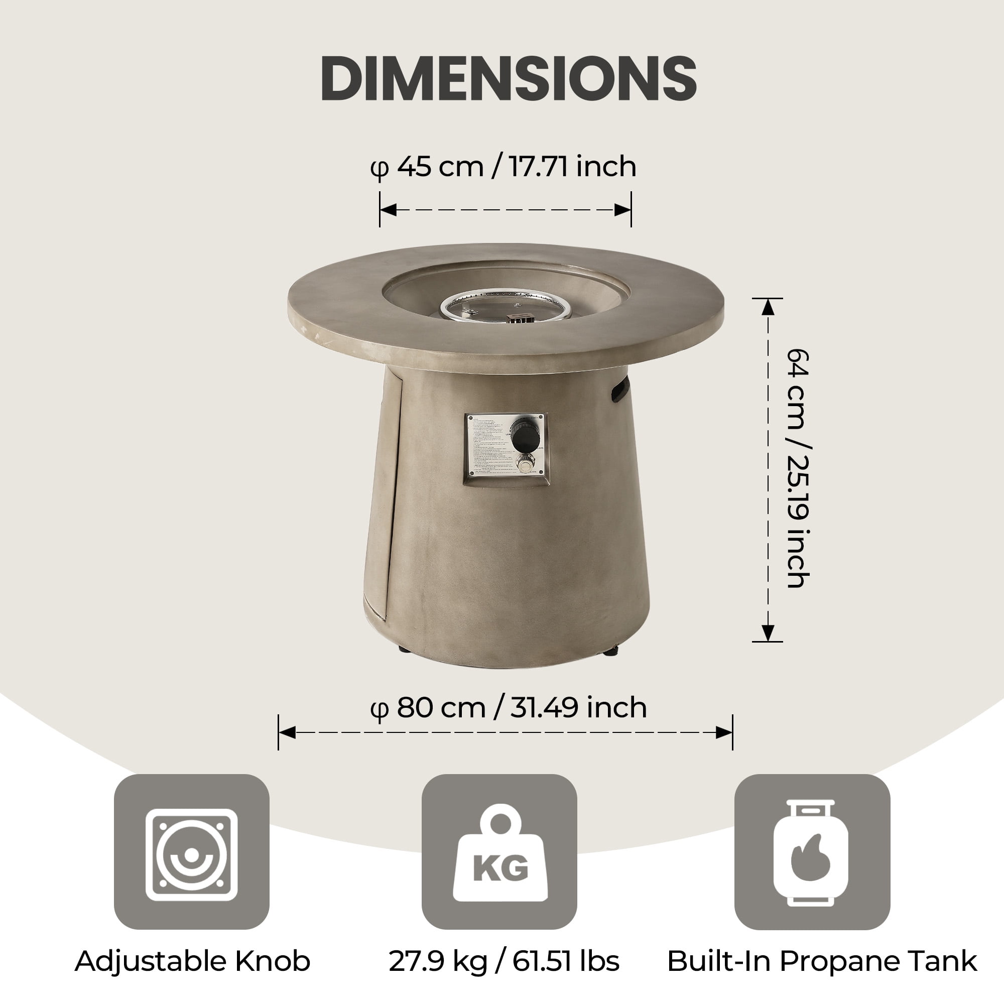VENTOPYR 31.5'' Round Propane Fire Pit,40,000 BTU Concrete Fire Pit Table
