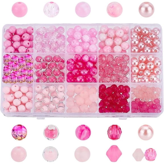 430pcs Acrylic Pink Beads 16 Styles Valentine Beads Assorted Spacer Beads Chunk Bubblegum Ball Beads Round Smooth Beads