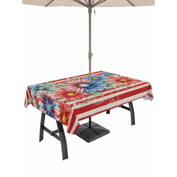 Outdoor Tablecloth with Umbrella Hole for Patio/Picnic/Party/Camping, 4th of July Waterproof Table Cloth Rectangle Table Cover Washable, Daisy Botanical Leaves Red Striped Independence (60"x 102")