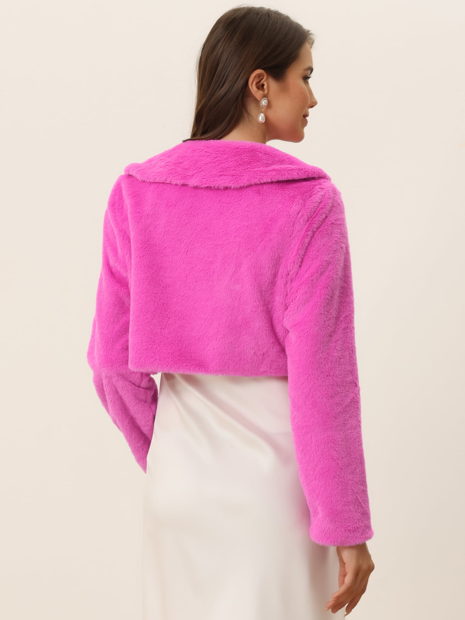 DARING DIVA Women's Faux Fur Shrug Bow Tie Front Fluffy Cropped Jacket M Hot Pink