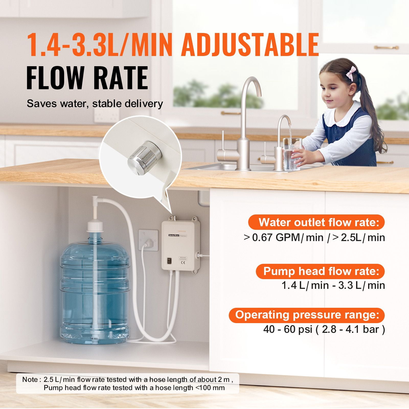 Bottled Water Dispenser Pump System with Adjustable Flow 1.4-3.3L/min, 40-60 PSI, Dual Switch Protection for 5-Gallon Water Jug