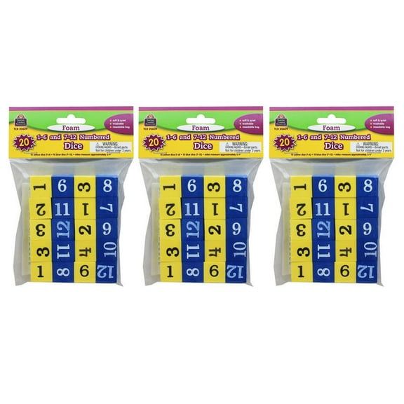 Teacher Created Resources Foam Numbered Dice (Numerals 1-12), 20 Per Pack, 3 Packs