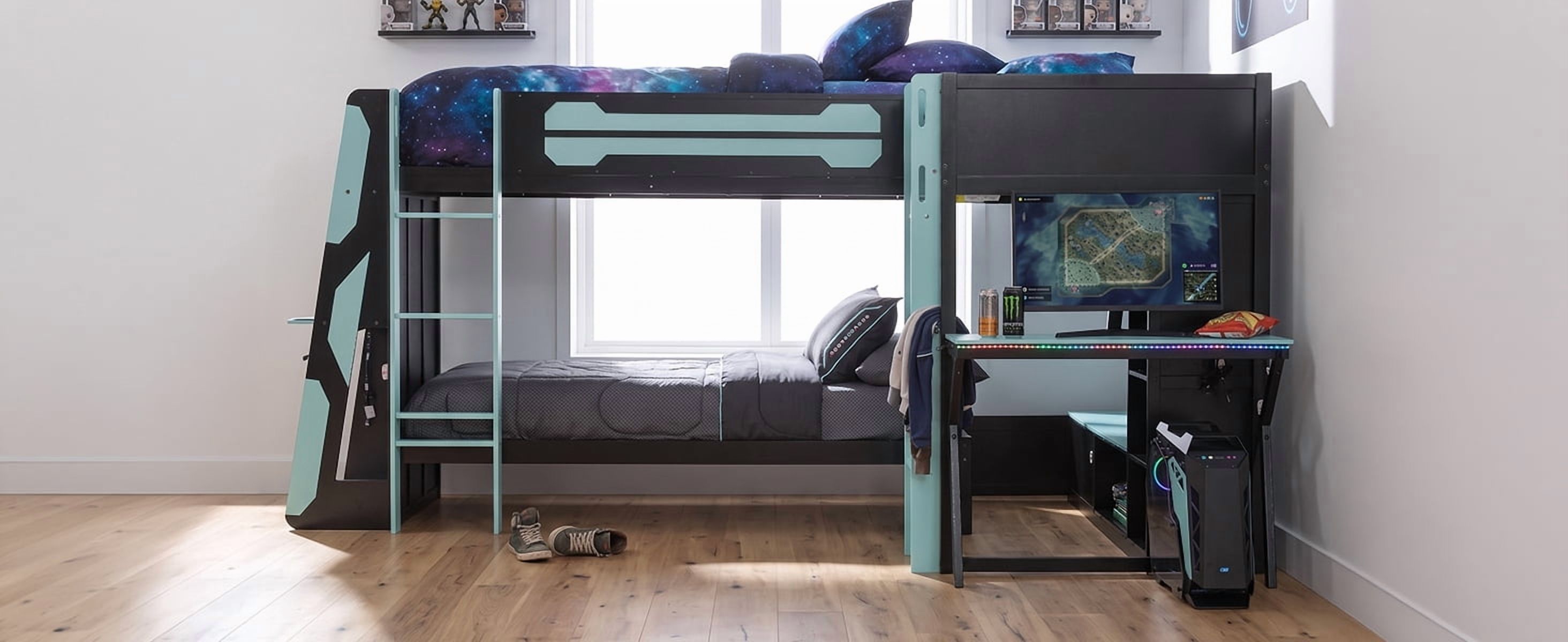 Mintazer L-Shaped Triple Twin Gaming Bunk Bed with 2 Gaming Desks & RGB LED Lights, Triple Bed Frame with USB Charging, TV Stand & Storage Shelves for Bedroom, Black & Green