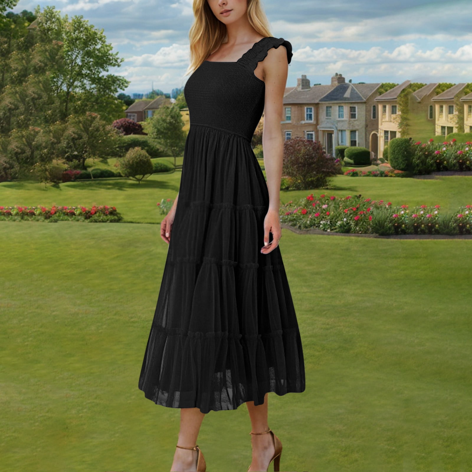Mgmyaa Womens Summer Long Dresses Square Neckline Sleeveless Low