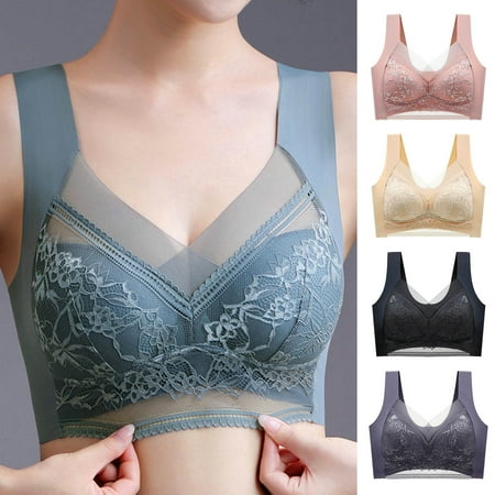 

rygai Wide Shoulder Straps Beauty Back Padded Wireless Full Cup Women Bra Lace Flower Stitching Push Up Sport Brassiere Skin Color 3XL