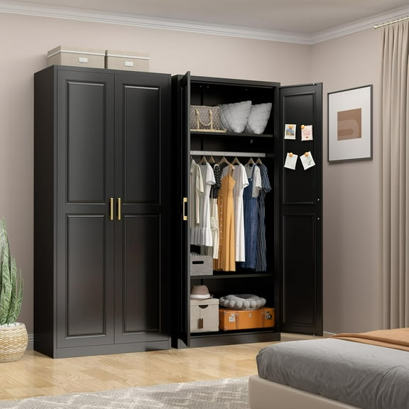 Armoire Wardrobe Closet with Doors, 71'' Wardrobe Cabinet with Hanging Rod, Metal Closet with 2 Adjustable Shelves for Bedroom School, Employee, Gym, Armarios De Ropa para Dormitorio, Black