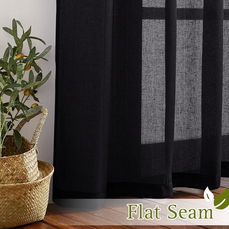 NICETOWN Black Sheer Curtains for Bedroom, Grommet Semi Sheer Linen Window Treatment Linen Weave Vertical Drapes Privacy with Light Filter for Kid's Room, 52"x63", 2 Panels