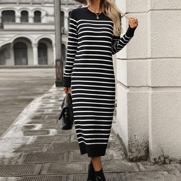 WILLBEST Vestido de Punto Elegante para Mujer, Ajustado, Largo A Rayas, para Otoño/Invierno. Chica