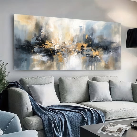Modern Abstract Canvas Wall Art 48x24 Inch Framed 2D Flat Panel for Living Room Bedroom Office Decor Gold Gray Blue Tones Ready to Hang