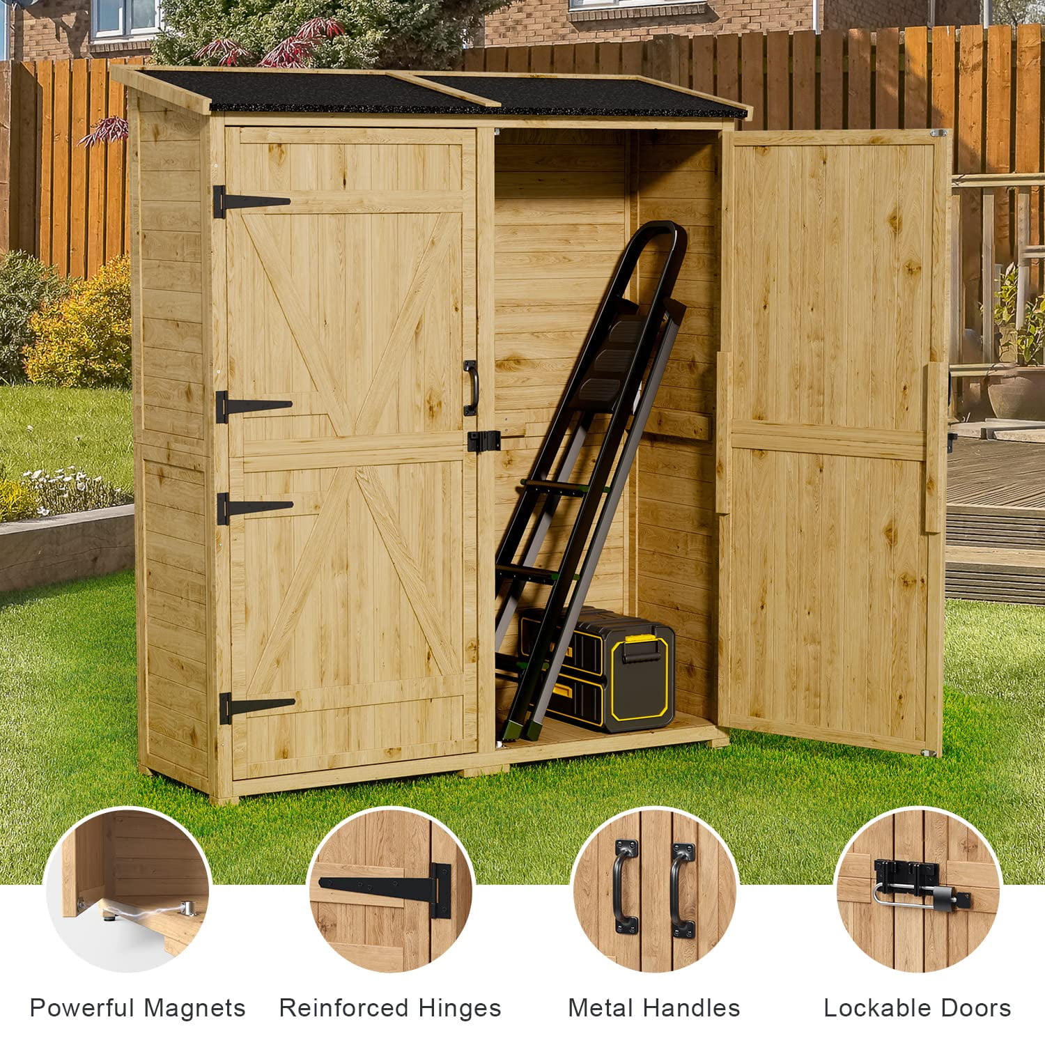 Outdoor Storage Shed, Lofka Wooden Storage Cabinet with Waterproof Roof and 2 Removable Shelves Garden Shed for Backyard, Patio, Lawn