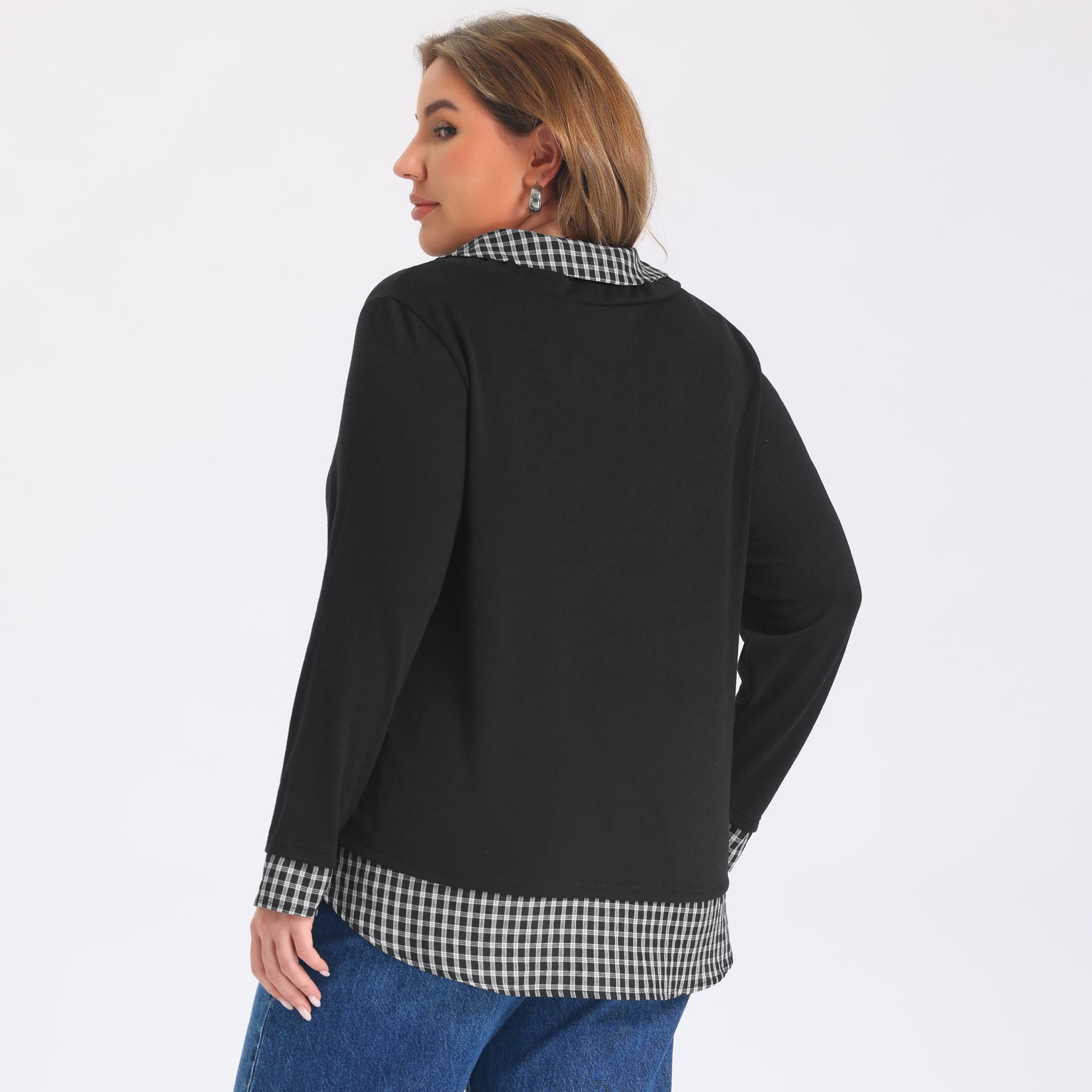 DARING DIVA Women's Plus Collared Plaid Contrast Patchwork Long 2X Black