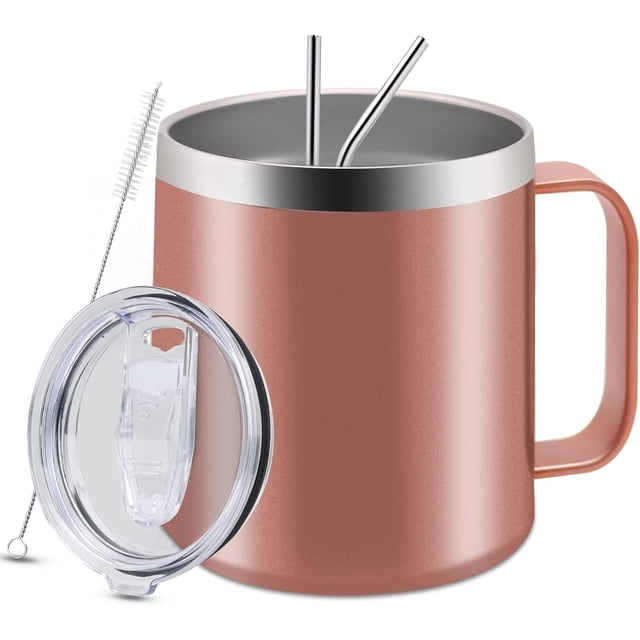 Termo de Taza de Acero Inoxidable, Taza Termo de Asa con Tapa Hermética, 2 Pajita y 2 Cepillo de Limpieza, Taza Termica Frio y Caliente Portátil, Vaso de Viaje para Cafe, Té, Agua y Bebidas